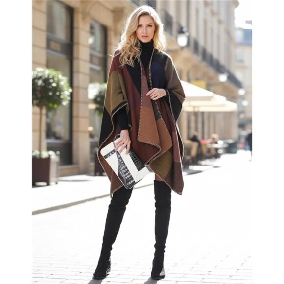 Women's Shawl Wraps Open Front Poncho Cape Oversized Sweaters Casual Cardigan - Picture 6 of 7